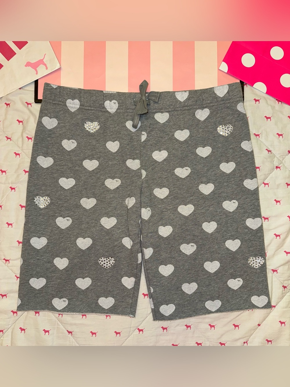 VS PINK VINTAGE Y2K BOYFRIEND SHORTS GRAY WHITE HEARTS DOG PUP BLING RARE HTF LG
